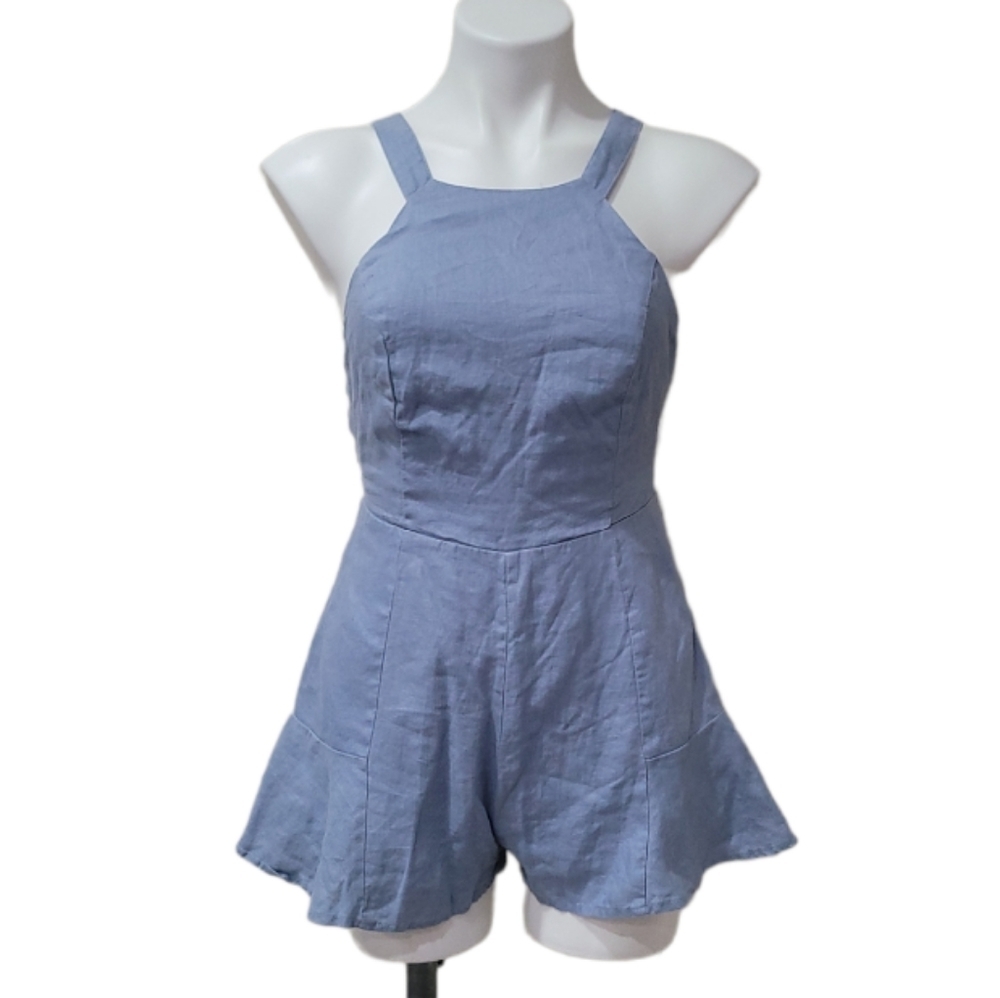 Chambray Ruffle Hem Cross-Back Linen Romper Short Shorts Effortless Fashion - Picture 3 of 11